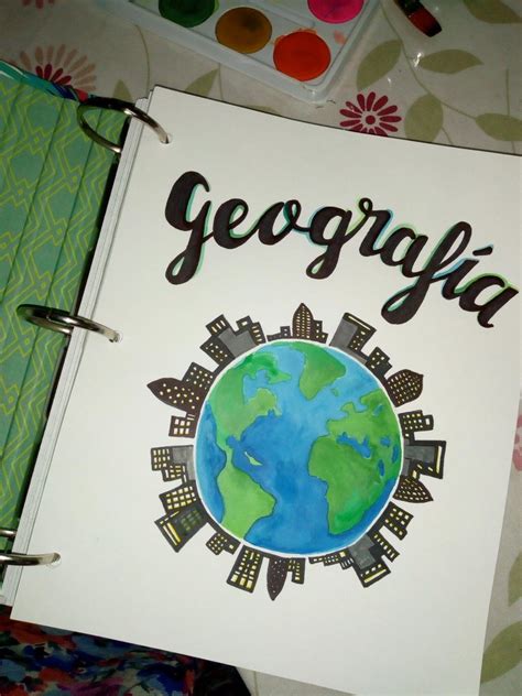 Cartula De Geografa Con Acuarela Arte En Cuadernos Portadas De