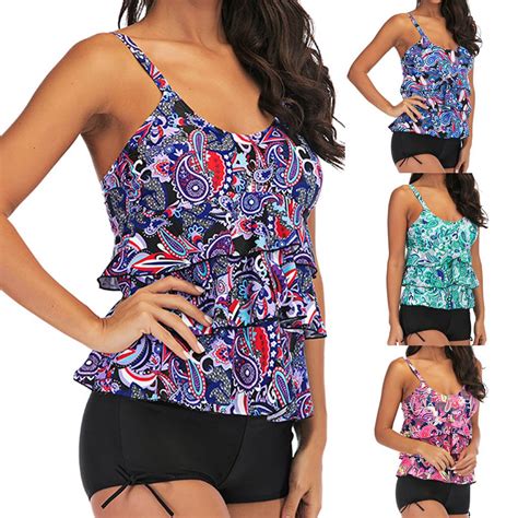 Womens Plus Size Printed Purple Strap Red Flounce Tankini With Short