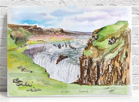 Original Watercolor And Ink Painting Of Iceland Waterfall Etsy