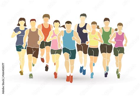 marathon runners group of people running men and women running graphic vector stock vector