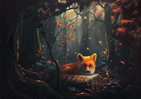 Fox On Forest Painting Brown Fox Illustration Fox Forest Fall