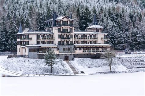 Solitary Building In Beautiful Snowy Winter Forest Landscape Frozen