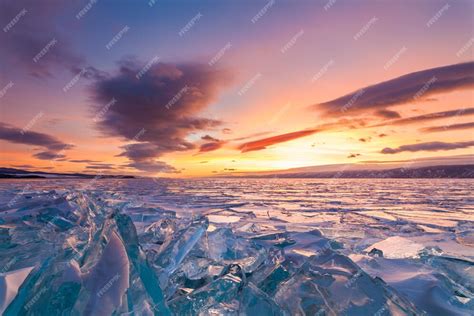 Premium Photo Colorful Sunset Over The Crystal Ice Of Baikal Lake