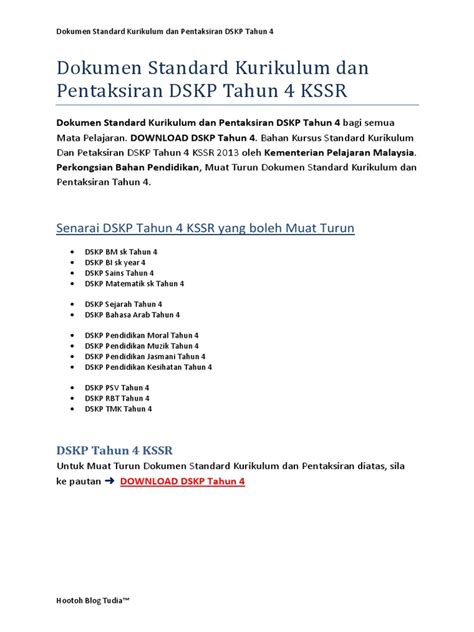 Kurikulum program keahlian dikembangkan sesuai dengan. Dokumen Standard Kurikulum dan Pentaksiran DSKP Tahun 4 KSSR
