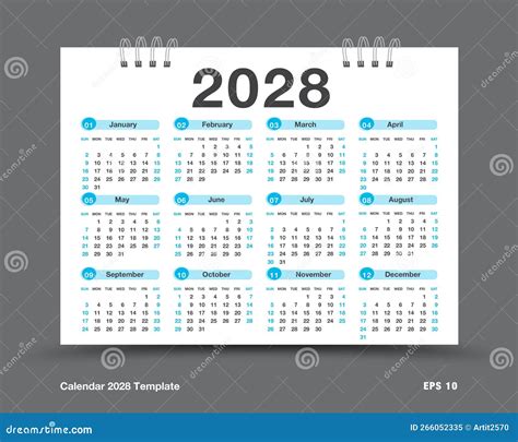 Kalender 2028 Jaar Vectorillustratie Reeks Van 12 Maanden Week Begint