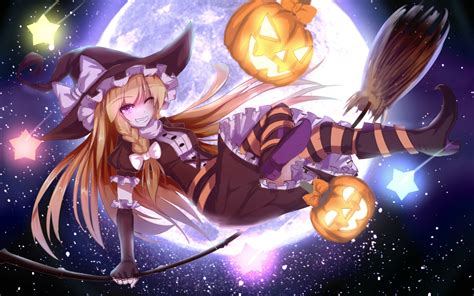 Anime Touhou Halloween Kirisame Marisa Blonde Pumpkin Anime Girls Witch Stars Moon