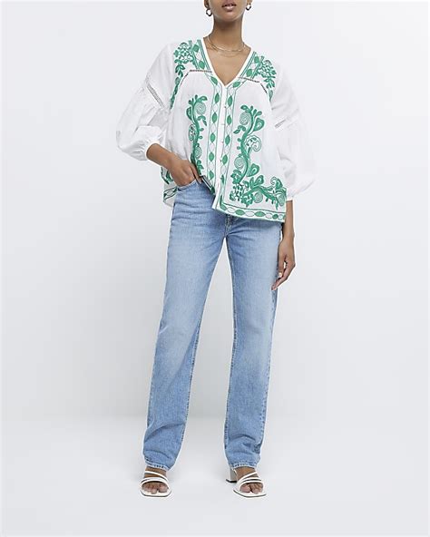 White Embroidered Smock Top River Island