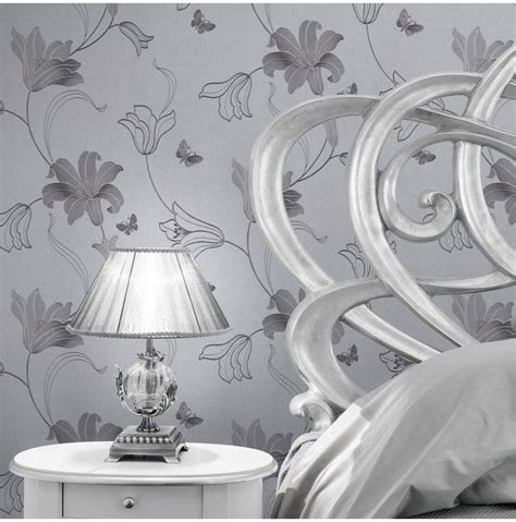 Muriva Amilia Floral Flowers Metallic Butterfly Wallpaper Embossed