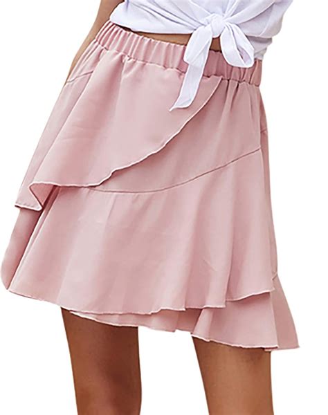 Ttivxe Cute Summer Womens Pleated Skirt With Ruffle Hemsolid Elastic Waist Holiday Dressing