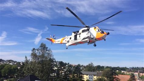 Sea King Rescue Helicopter 062 Landing In Sandefjord City Center