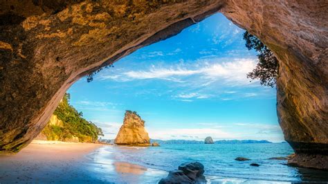 View From The Cave At Cathedral Cove Beach Coromandel New Zealand