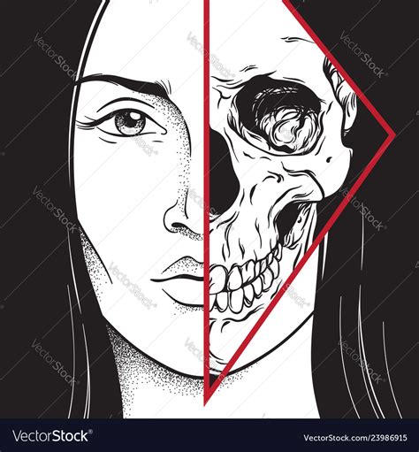 Beautiful Brunette With Half Skull Face Hand Drawn