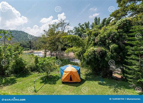 Tent Camping On Lawn With Blue Sky In Tropical Rainforest At