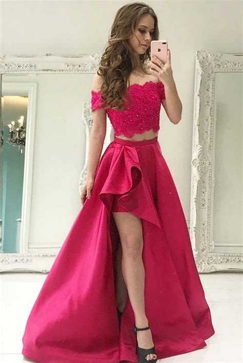 Two Piece Lace Applique Off The Shoulder Prom Dress