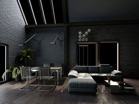 This black and red living room with patterned walls looks vintage and feminine because of that female painting on the wall. Stunning Black Brick Wall Interior Ideas For Black Lover ...