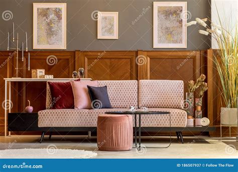 Stylish Interior Of Living Room With Design Pink Velvet Sofa Elegant