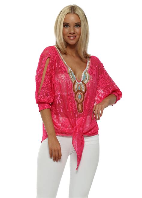 Hot Pink Lace Shell Ladder Sleeve Top By Azaka