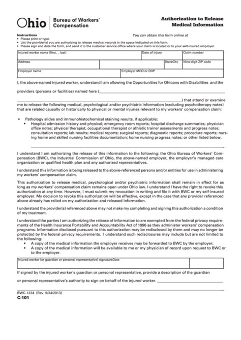 Authorization To Release Medical Information Ohio Bwc Printable Pdf