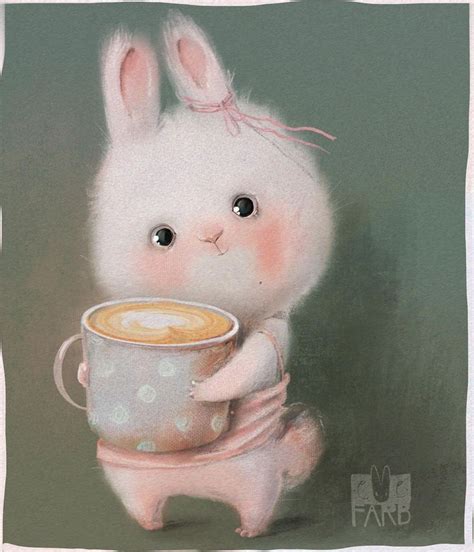 A Painting Of A Bunny Holding A Cup Of Coffee