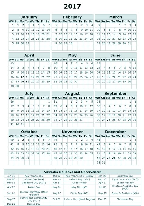 Free Printable Calendar 2018 Australia 2017 Calendar With Holidays