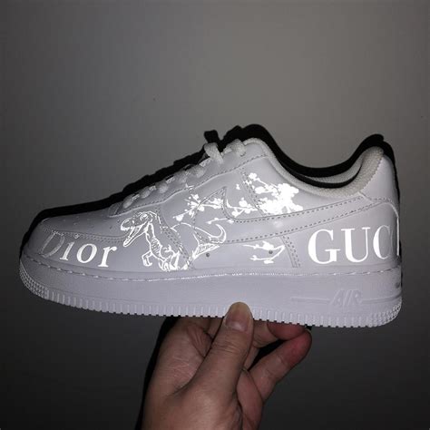 Dior inspired air force ones, featuring a reflective monogram design. 3M Reflective Dior Patches for Custom Reflective Air Force ...