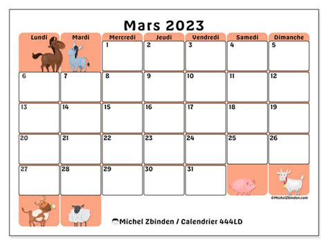 Calendrier Mars 2023 à Imprimer “444ld” Michel Zbinden Mc