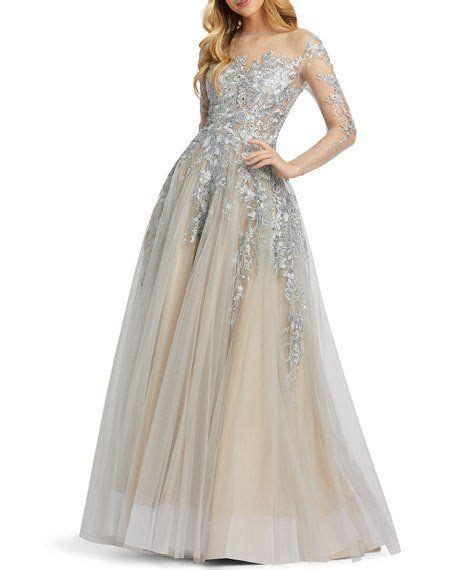 Clothing (brand) in burr ridge, illinois. Mac Duggal Long-Sleeve Floral Applique Illusion Ball Gown in 2020 | Ball gowns, Wedding dresses ...