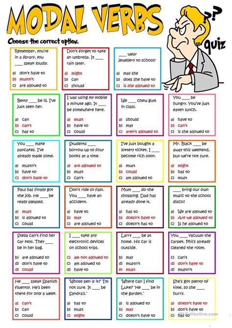 Use grammar activities with your child to construct sentences with subjects, nouns, & verbs. Modal verbs - quiz - English ESL Worksheets for distance ...