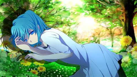 blue hair blue eyes women outdoors shoulder length hair anime anime girls sadness hatsune