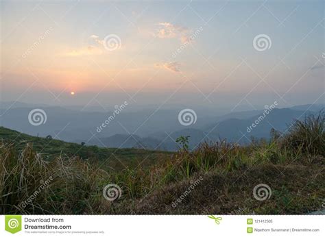 Mountain Field During Sunset Beautiful Natural Landscape