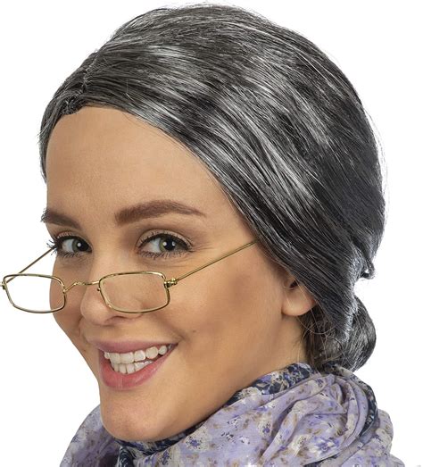 skeleteen old lady costume set grey granny wig and fake gold rectangle eyeglasses
