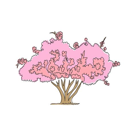 Single One Line Drawing Of Exotic Japanese Sakura Tree For Home Art