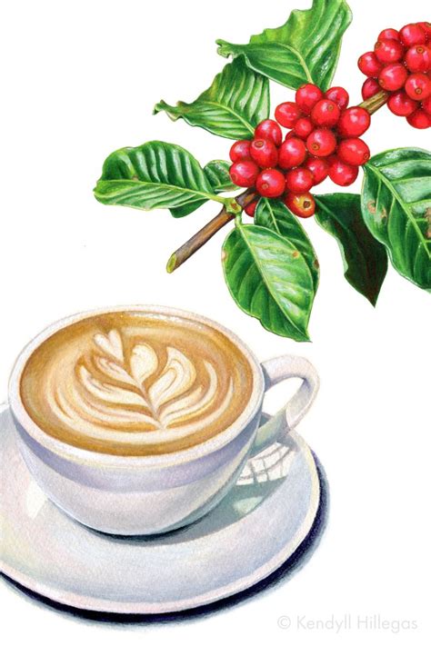 A Painting Of A Cup Of Coffee With Berries On The Top And Green Leaves