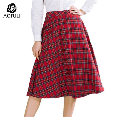 aofuli m xxxl 4xl 5xl vintage england style plaid skirt mid calf length printed skirt spring