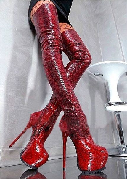 buy hot sexy red python thigh boots elastic leather over knee boots shinny