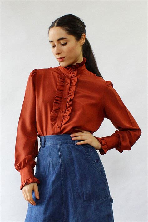 Rust Ruffle Blouse S Dark Red Blouse Vintage Ruffled Top Etsy Puffy