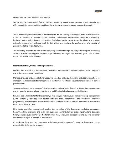 Amazon JOB Announcement - MARKETING ANALYST JOB ANNOUNCEMENT We are