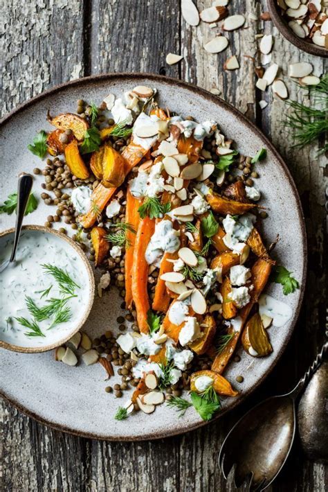 Roasted Beet And Carrot Lentil Salad With Feta Yogurt And Dill Healthy