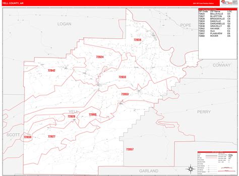 Yell County Ar Zip Code Wall Map Red Line Style By Marketmaps