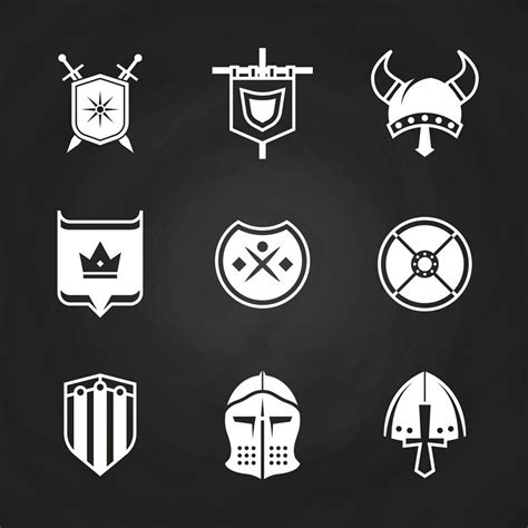 White Silhouette Viking Knight Helmets And Shields Icons By Microvector