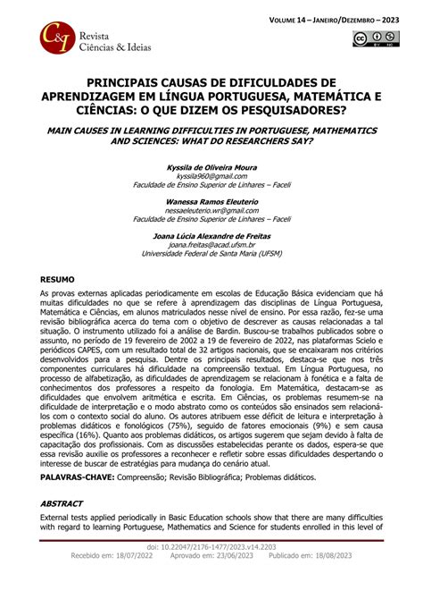 Pdf Principais Causas De Dificuldades De Aprendizagem Em L Ngua