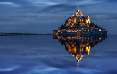 Download Night Reflection Monastery France Religious Mont Saint Michel