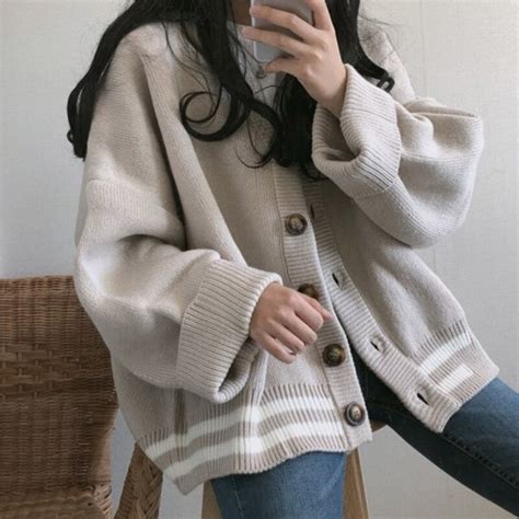 Women Korean Style V Neck Loose Fit Cardigan Sweaters Clothes