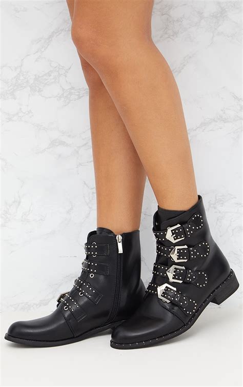 Black Pu Studded Buckle Ankle Boots Shoes Prettylittlething