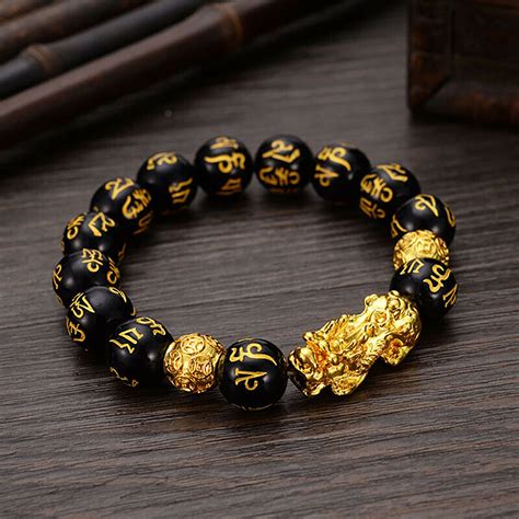Feng Shui Black Bead Alloy Wealth Bracelet With Golden Pixiu Charms By