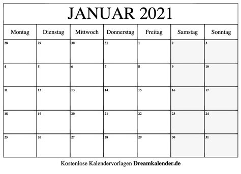Kalender Januar 2021