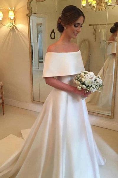 Cheap Wide Off Shoulder Collar Satin Plain Simple Wedding Dressgdc126