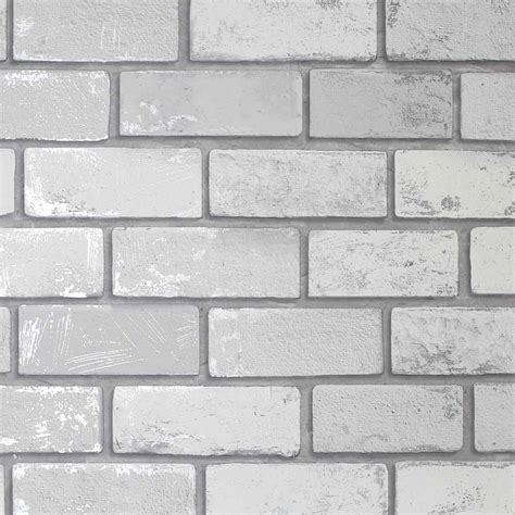 Arthouse Metallic Brick Effect Wallpaper White Silver Wilko