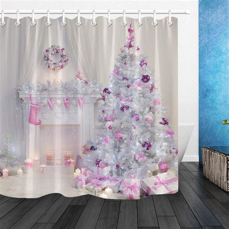 Shop for christmas shower curtains in bath. Christmas tree interior xmas fireplace in pink decorated ...