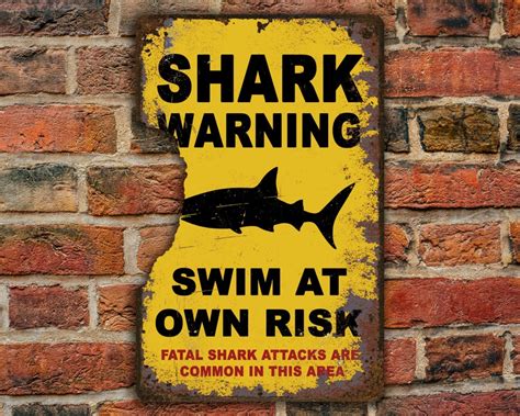 Shark Sign Large Yellow Warning Funny Metal Sign With Bite